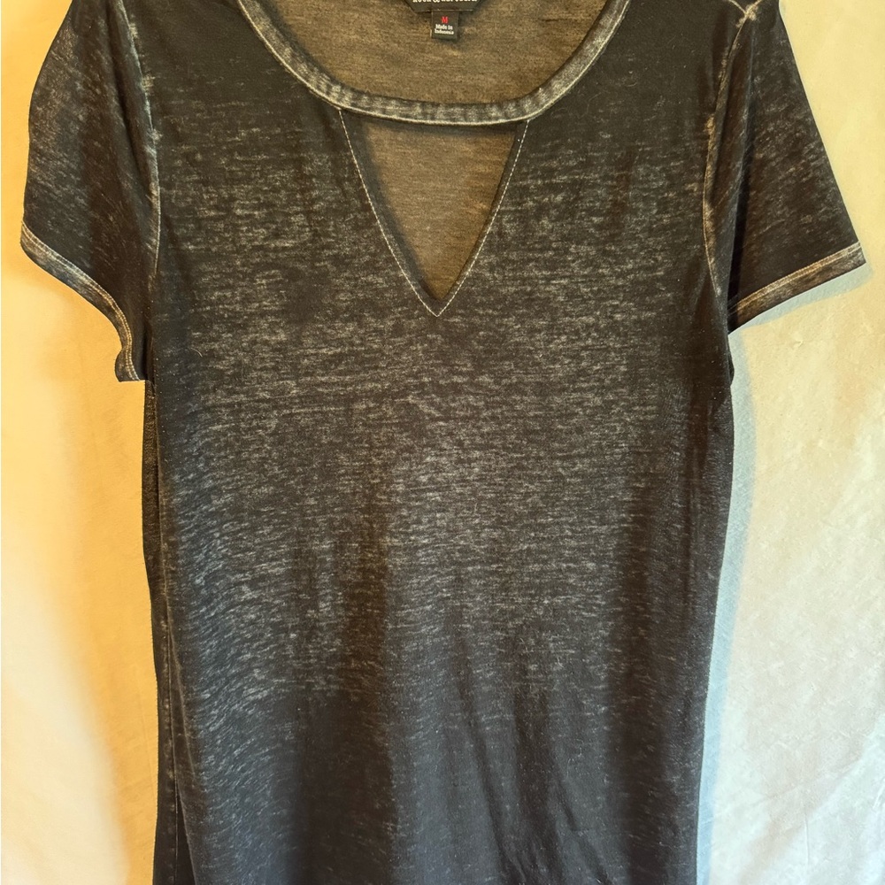 Rock & Republic Black Sheer Short Sleeve T-Shirt with Unique Neckline